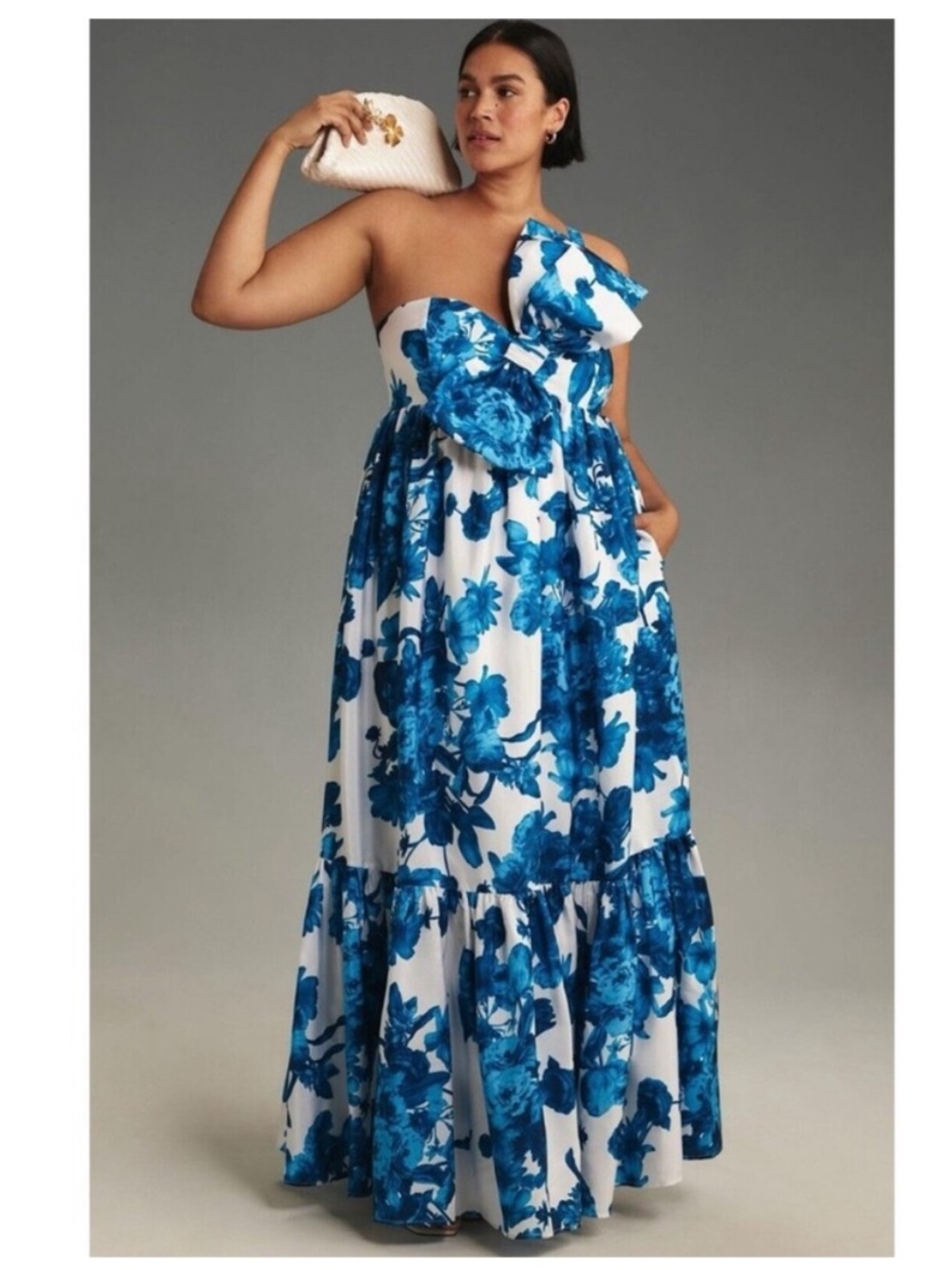 Anthropologie Atsu Sally Bow Midi Dress Blue White Floral Formal Size LP